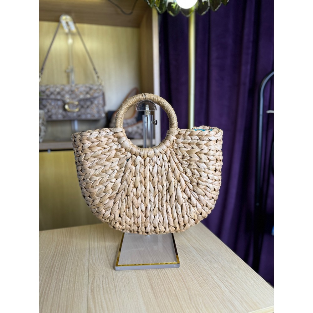 Natural Woven Straw Crescent Handbag Turquoise Lining Boho Summer Tote Bag
